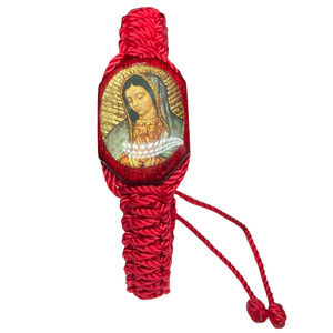 Our Lady of Guadalupe Bracelet Knotted Red Rope Wood Charm Adjustable Handmade